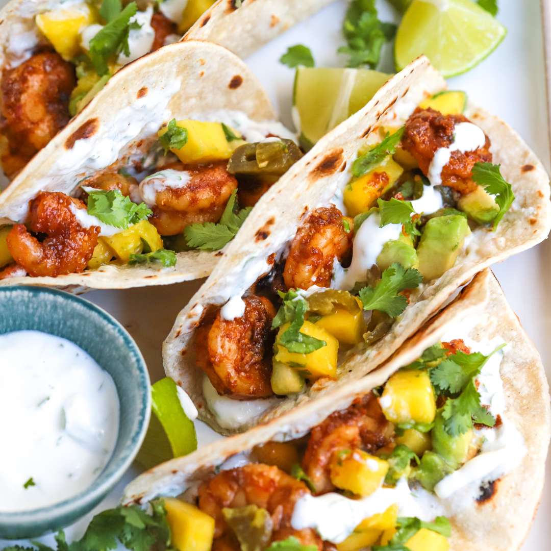 Prawn Tacos with Avocado-Mango Salsa